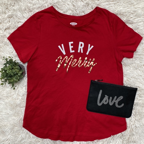 🎉HP🎉 Old Navy Very Merry Graphic Tee 💗 Red White & Gold - Picture 2 of 12
